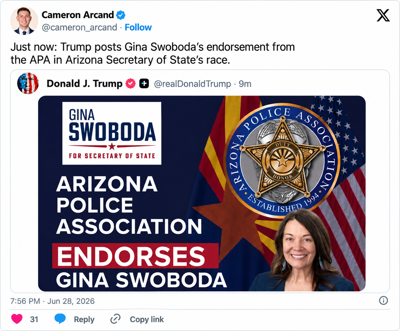 Cameron Arcand post about Gina Swoboda endorsement